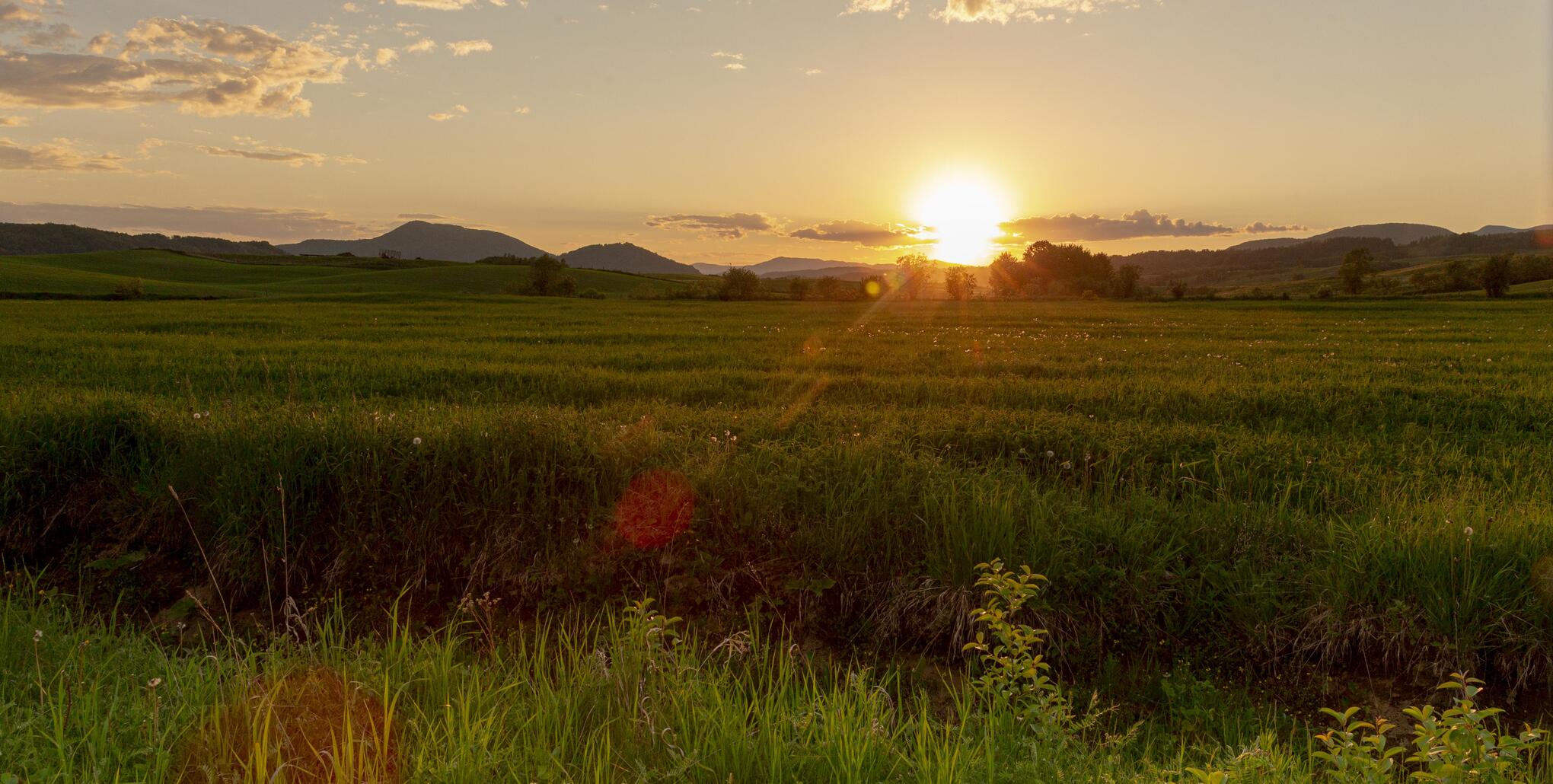 Couché de soleil sur les champs des belles récoltes de charlevoix